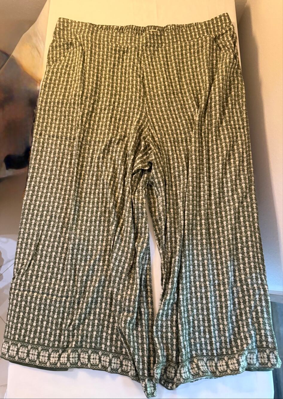 Max Studio London Wide Leg Crop Pants 3X Olive Green Ivory Print NWT